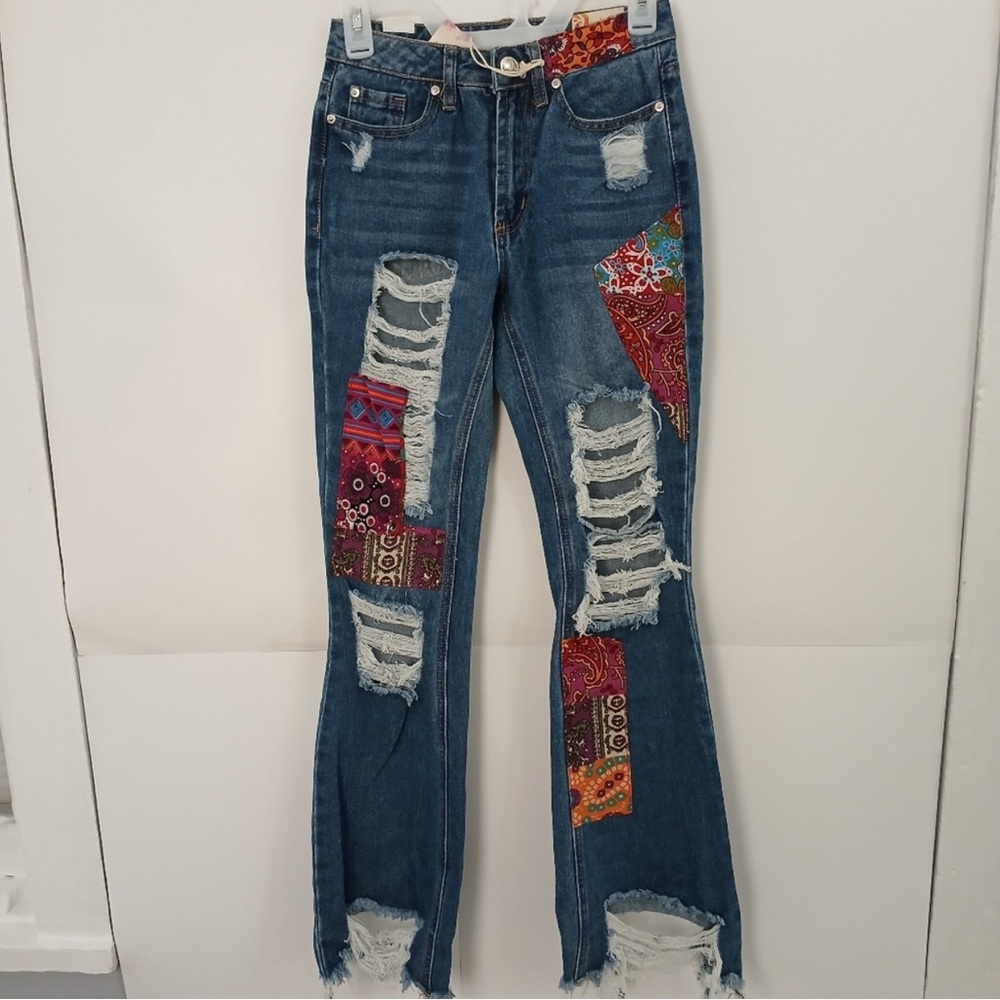 Almost Famous, Vintage Distressed Hippie Patchwork Jeans, Junior Size 0